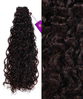 On the left are Perfect Locks Curly Hand-Tied Weft Rows (2oz) in Rooted Chocolate Mocha, with a close-up of their dark, wavy texture on the right.#color_natural-black-(1B)