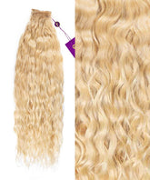 Perfect Locks Curly Hand-Tied Weft Rows (2oz) in Toffee Blonde Highlights (4/27). Left: full length; right: shiny, soft, loose curls and texture close-up.#color_platinum-blonde-(613)