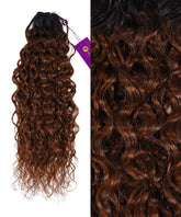On the left, Perfect Locks Curly Hand-Tied Weft Rows (2oz) in Warm Mocha Lowlights; right shows shiny, defined curls.#color_rooted-chocolate-mocha-(1B/4)