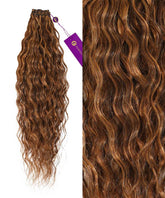 On the left, Perfect Locks Curly Hand-Tied Weft Rows in Caramel Blonde Highlights are bundled; right close-up shows soft curls and a purple tag.#color_toffee-blonde-highlights-(4/27)