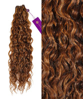 On the left is a bundle of Perfect Locks Curly Hand-Tied Weft Rows in warm mocha lowlights; right, a close-up of tight curls.#color_warm-mocha-lowlights-(2/4/6)