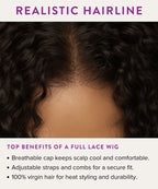 Close-up of a wig with a realistic hairline and text highlighting benefits of a full lace wig.