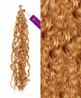 Close-up of Perfect Locks Curly Fusion I-Tip Hair in Honey Blonde highlights tight, defined curls and shiny texture.#color_honey-blonde-(27)