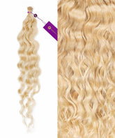 Curly Fusion I-Tip Hair by Perfect Locks in Platinum Blonde bundled with a purple tag on the left; close-up of the same silky, curly auburn human hair texture on the right.#color_platinum-blonde-(613)