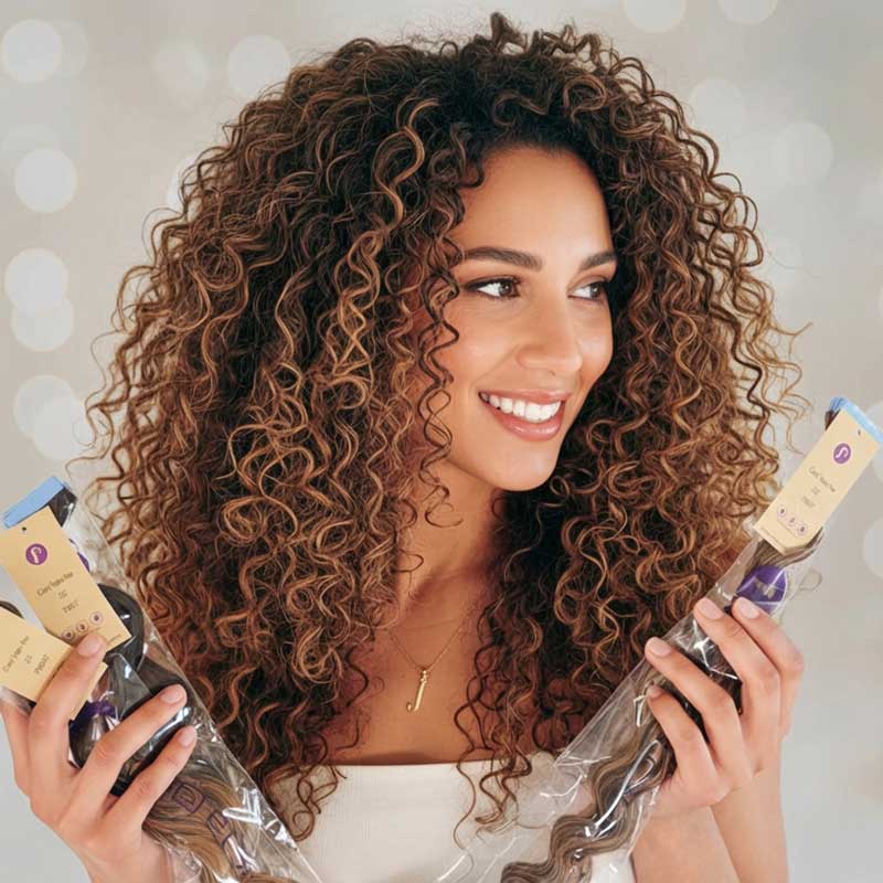 Woman with curly hair holding hair extensions against a light background
