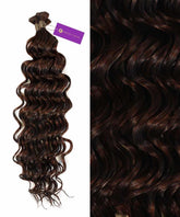 On the left is a bundle of Perfect Locks Curly Hybrid Weft Hair Extensions in Chocolate Brown with a purple tag; on the right, a close-up shows shiny, defined curls.#color_chocolate-brown-(3)