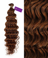 On the left, Curly Hybrid Weft Hair Extensions by Perfect Locks in Golden Brown, with a right close-up of shiny curls and a purple tag.#color_golden-brown-(6)