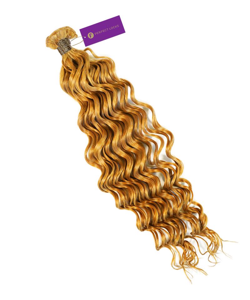 A bundle of Curly Hybrid Weft Hair Extensions by Perfect Locks in Highlighted Pearl Blonde with a purple tag, on white background.