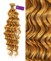 On the left is a bundle of Curly Hybrid Weft Hair Extensions in Highlighted Pearl Blonde; on the right, a close-up of the textured curls. The label reads Perfect Locks.#color_honey-blonde-(27)
