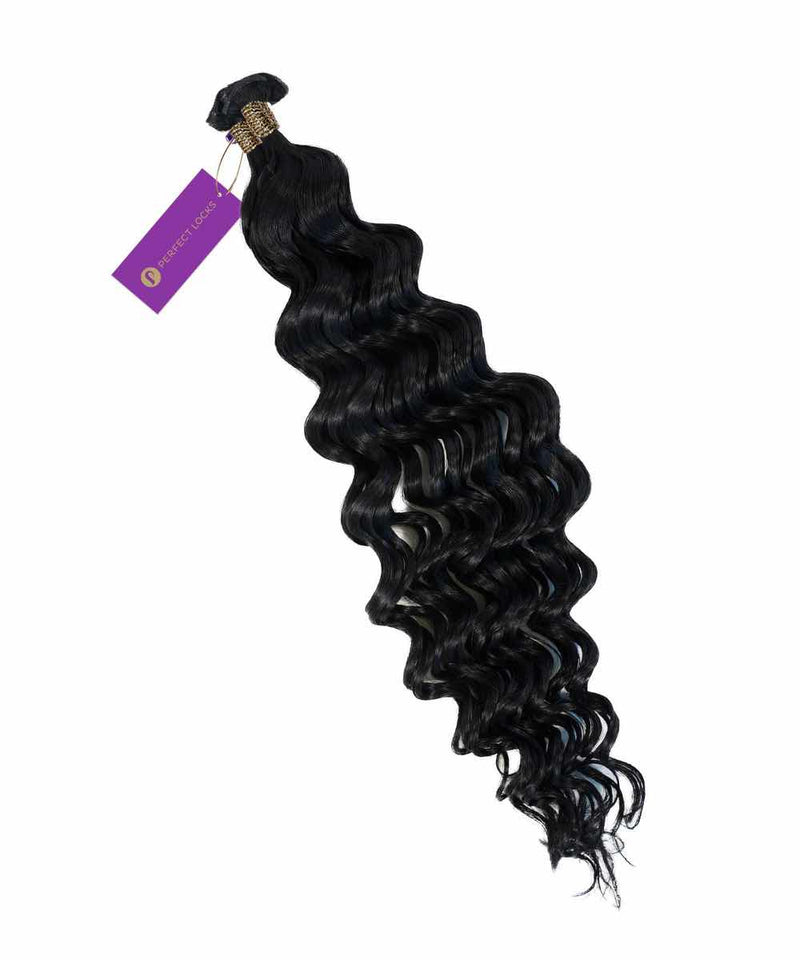 Perfect Locks Curly Hybrid Weft Hair Extensions in Jet Black  with a purple tag, isolated on a white background.