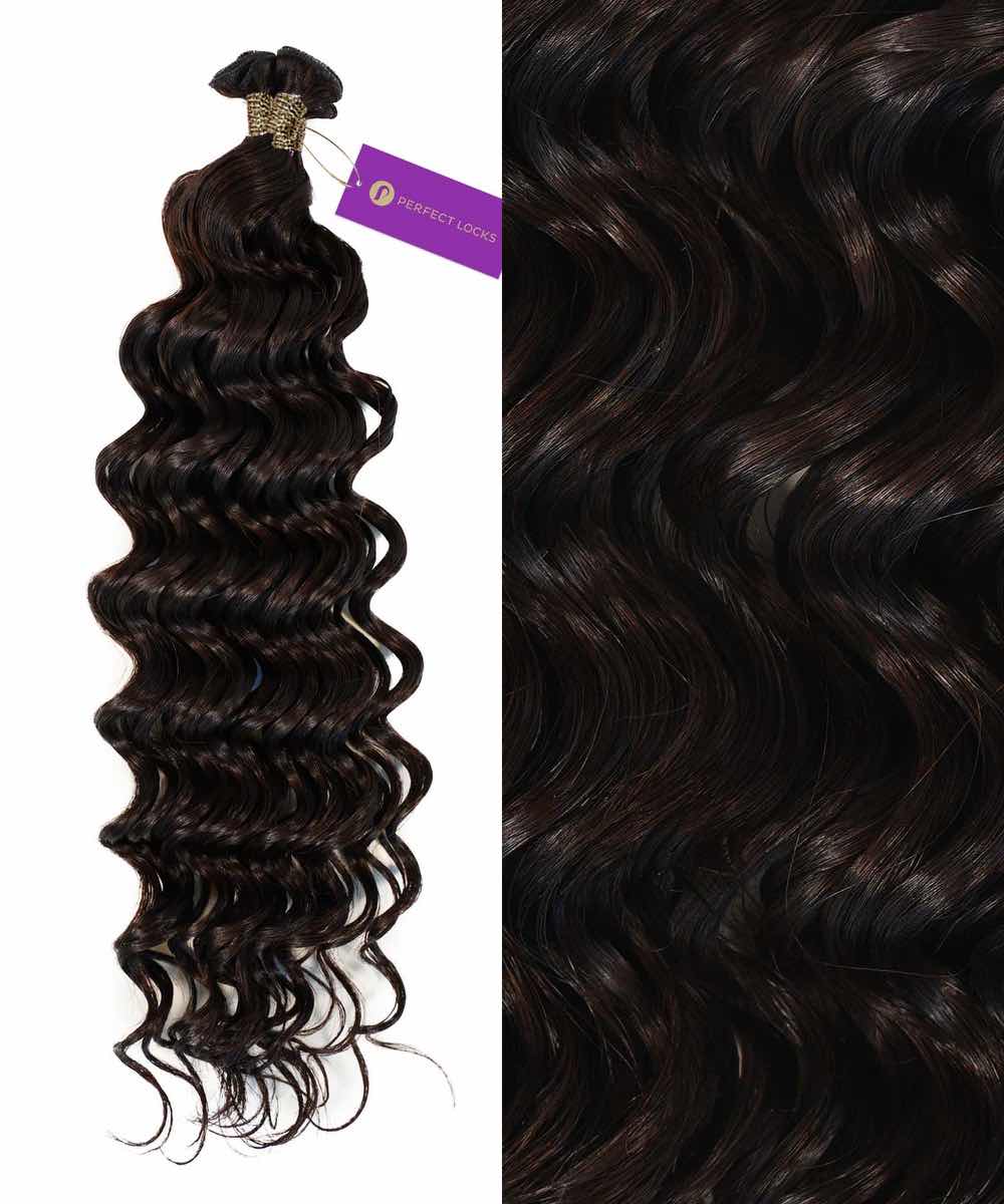 Perfect Locks Curly Hybrid Weft Hair Extensions in Chocolate Brown  with loose curls and top tag, close-up shows soft waves.#color_natural-black-(1B)