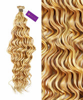 On the left, Perfect Locks Curly Hybrid Weft Hair Extensions in Highlighted Brown Auburn are bundled; right shows their textured curls.#color_highlighted-pearl-blonde-(P8/26/613)