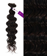 A bundle of Perfect Locks Curly Invisi Tape In Hair Extensions in natural black on the left, close-up of curly texture on right. Purple tag.#color_natural-black-(1B)