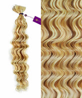 Perfect Locks Curly Invisi Tape In Hair Extensions in highlighted pearl blonde, close-up on right showing defined, shiny waves and multidimensional color blend.#color_highlighted-pearl-blonde-(P8/26/613)