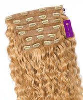Honey Blonde Curly Classic Clip-In Hair Extensions by Perfect Locks with shiny defined curls and secure clips at the top. A purple "Perfect Locks" tag is attached on one side.#color_honey-blonde-(27)