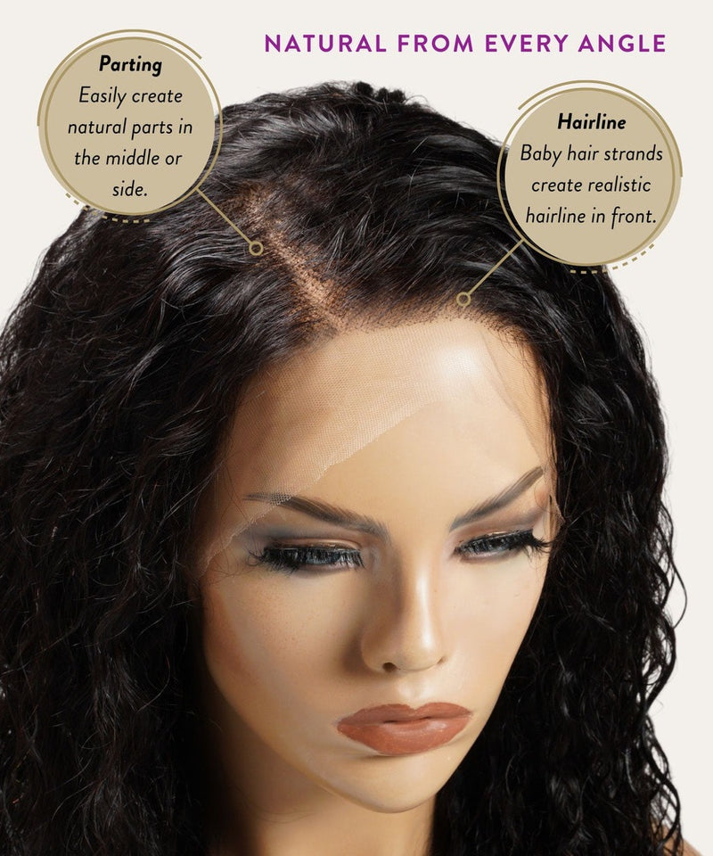 A mannequin head displays the Wavy Lace Front Wig, featuring realistic parting and baby hair. Text bubbles note its natural look. 