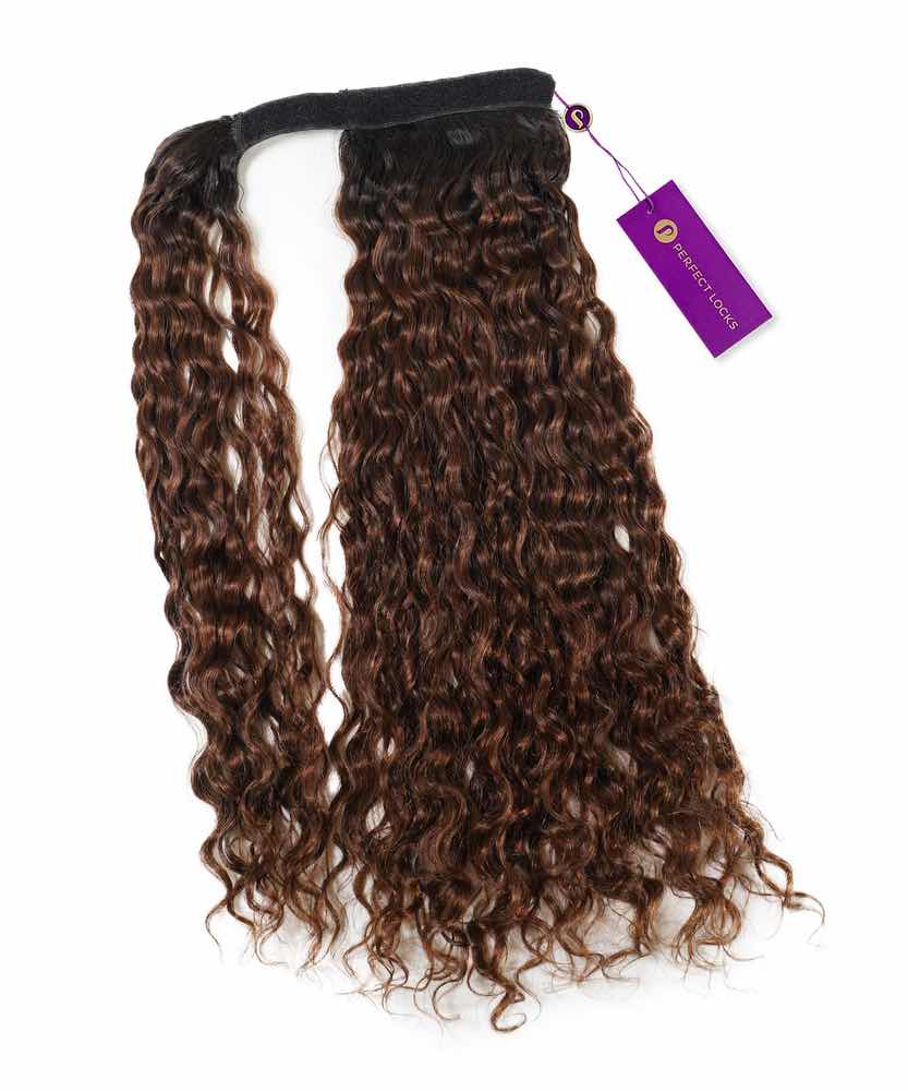 The Perfect Locks Curly Clip-In Ponytail Extensions in rooted chocolate mocha with a black weft and purple tag on a white background.#color_rooted-chocolate-mocha-(1B/4)