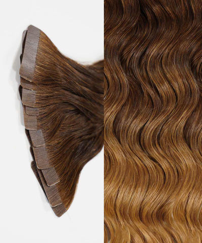 chocolate toffee ombre (4/6/27) curly tape in hair extensions by Perfect Locks#color_chocolate-toffee-ombre-(4/6/27)