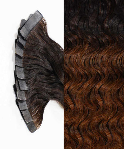Rooted Chocolate Mocha (1B/4) curly tape in hair extensions by Perfect Locks#color_rooted-chocolate-mocha-(1B/4)