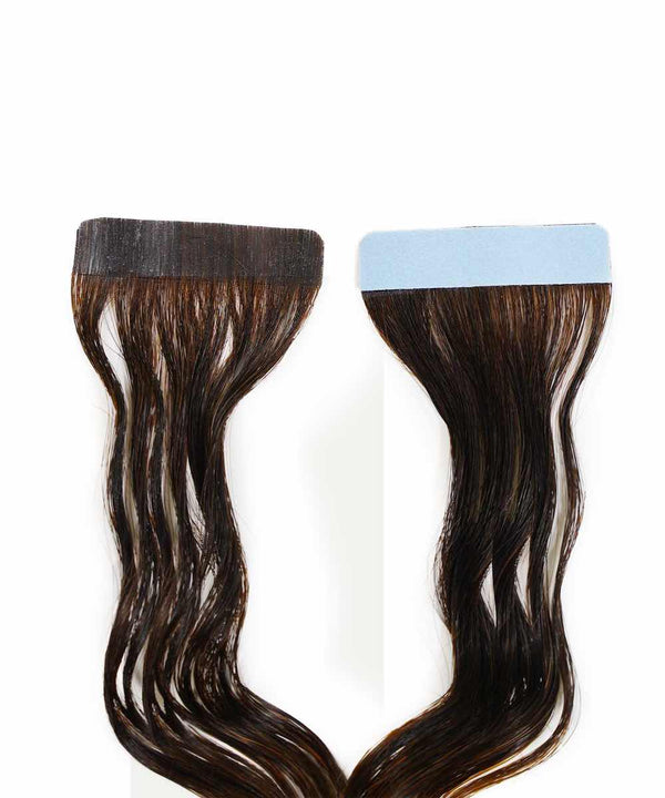 Rooted Chocolate Mocha (1B/4) curly tape in hair extensions by Perfect Locks