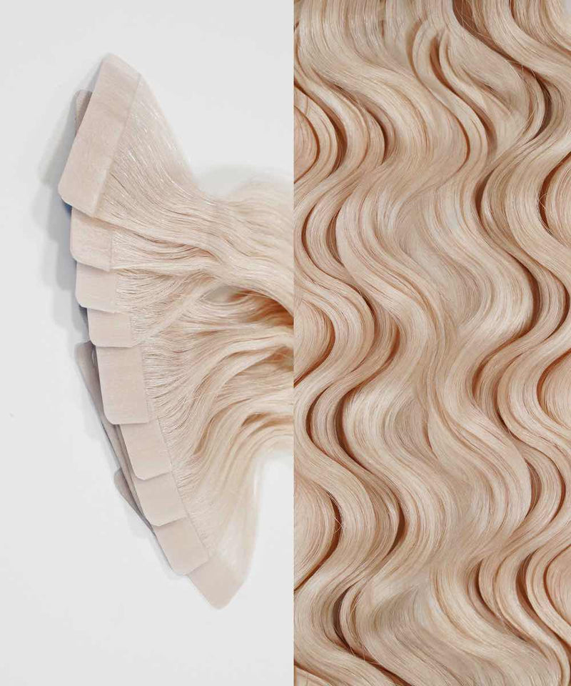 ice blonde (60S) curly tape in hair extensions by Perfect Locks#color_ice-blonde-(60S)