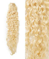 Perfect Locks Curly Seamless Tape-In Weft hair extensions in Platinum Blonde  are on the left, with a close-up of their wavy, shiny texture on the right.#color_platinum-blonde-(613)