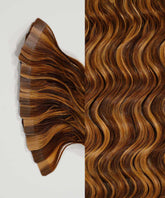 honey blonde ombre (12/27/613) curly tape in hair extensions by Perfect Locks#color_toffee-blonde-highlights-(4/27)