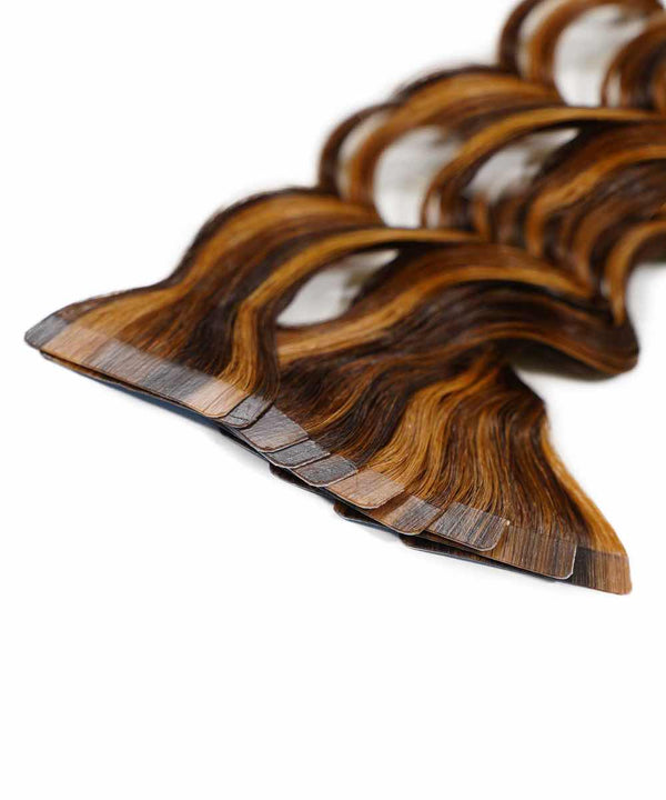 warm mocha lowlights (2/4/6) curly tape in hair extensions by Perfect Locks