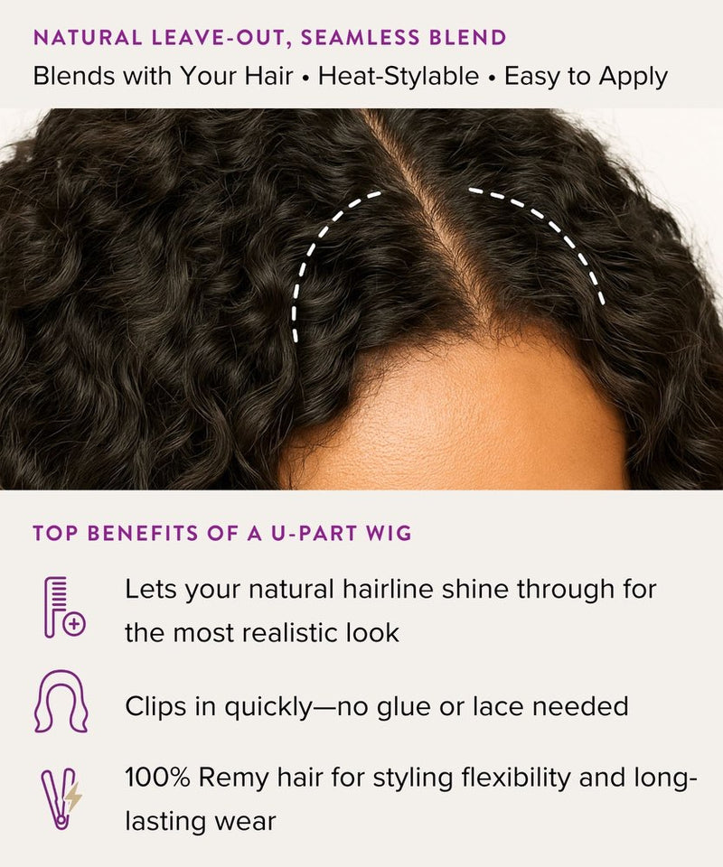 U-part wig with text highlighting benefits on a white background