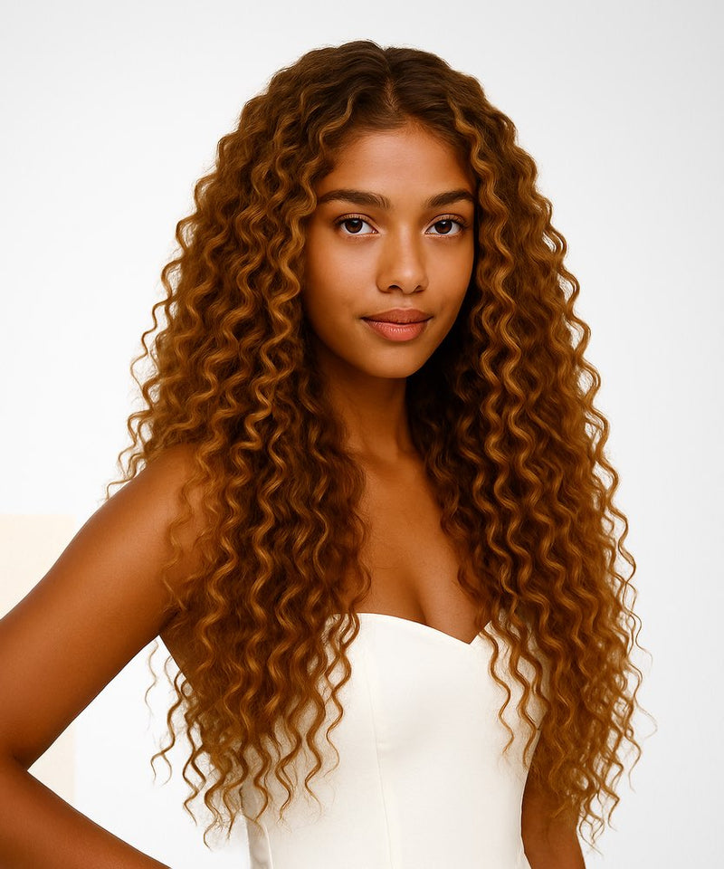 Woman with long, wavy brown hair wearing a white strapless top on a light background#color_golden-brown-(6)