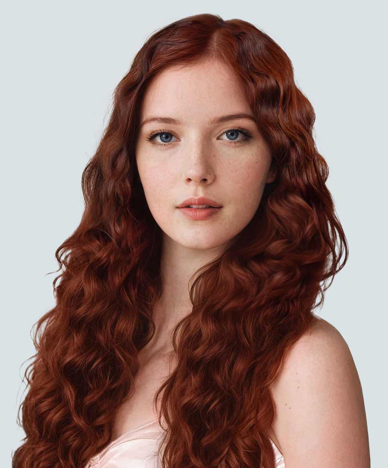 A young woman with fair skin wears Perfect Locks Curly Colored Hair Machine Weft in Golden Brown, gazing calmly at the camera.
