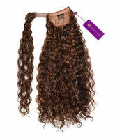 A long, curly Curly Clip-In Ponytail Extension in Warm Mocha Lowlights with lace base, comb, and purple tag on white background.#color_warm-mocha-lowlights-(2/4/6)