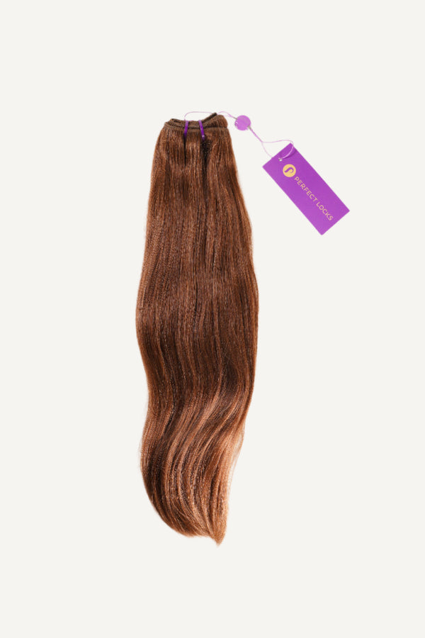 A bundle of long, wavy brown hair extensions with a purple Perfect Locks tag at the top, on a white background.