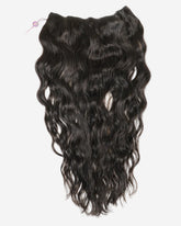 A bundle of long, dark brown wavy hair extensions with a glossy finish, perfect for adding volume and length on a white background.