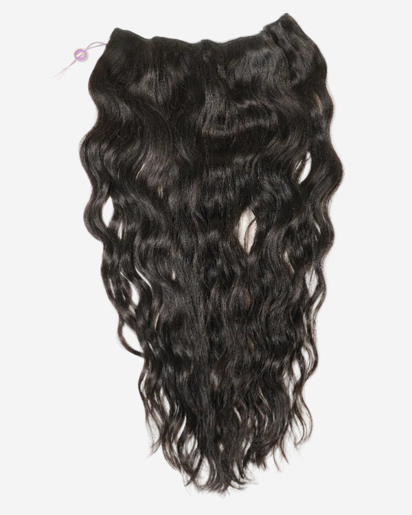A bundle of long, dark brown wavy hair extensions with a glossy finish, perfect for adding volume and length on a white background.