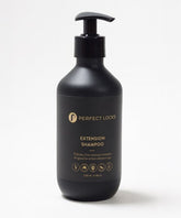 A black pump bottle labeled Perfect Locks Extension Shampoo with gold text and icons sits on a white background. Sulfate-free, for extensions.