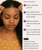 A woman with closed eyes adjusts a wig lace front on her forehead; step-by-step instructions explain proper wig application nearby.