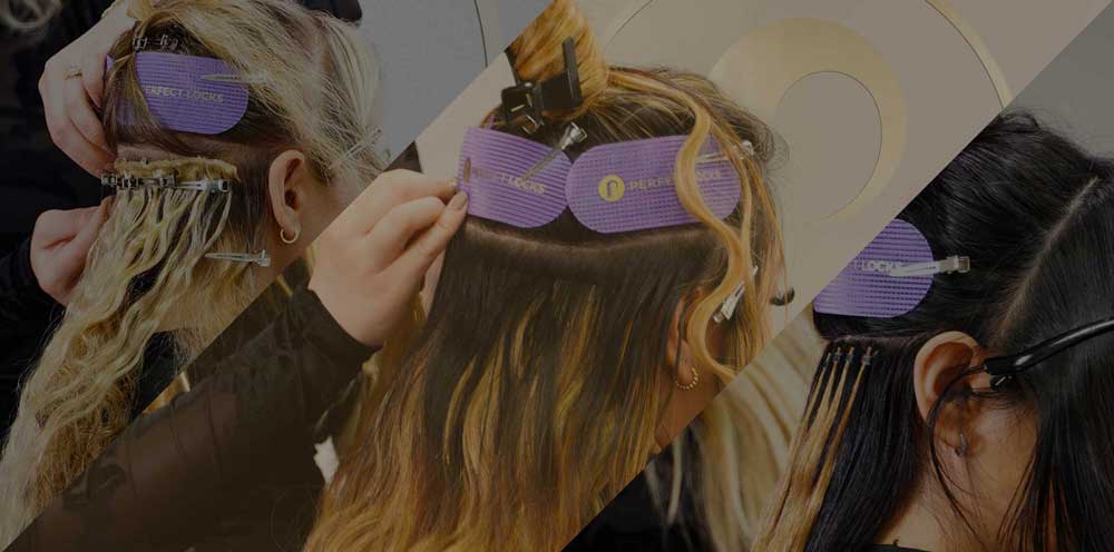 Hair professionals expertly attach Perfect Locks hair extensions to clients using clips and purple pads, showcasing diverse hair colors and textures.
