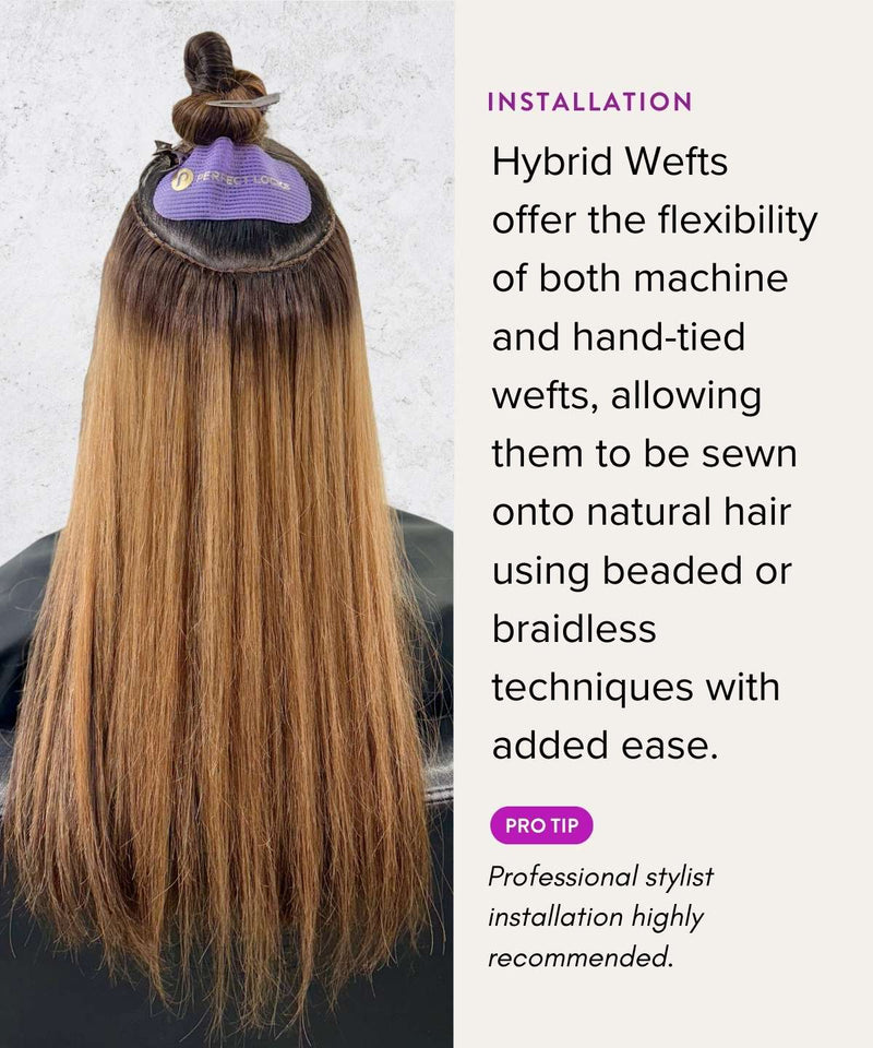 A woman’s long, straight hair is sectioned and fitted with a hybrid hair weft using a beaded sew-in. Text notes benefits and advises professional installation for seamless results.
