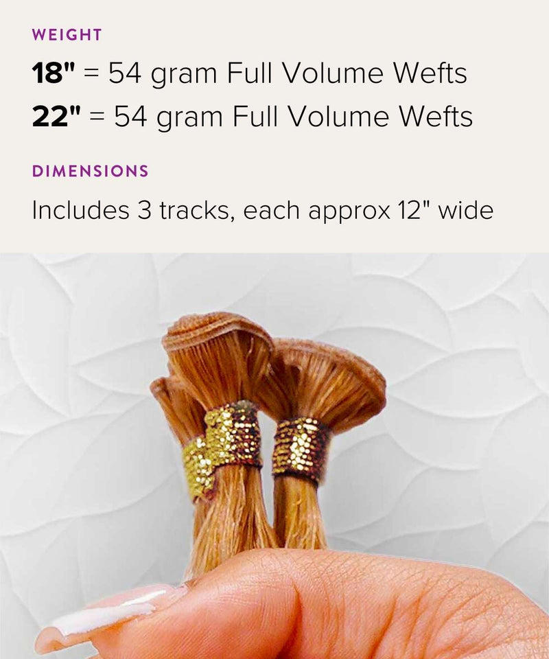 A hand holds three bundles of brown hair extensions with gold ties; text notes 18" and 22", 54g each, three tracks ~12" wide.