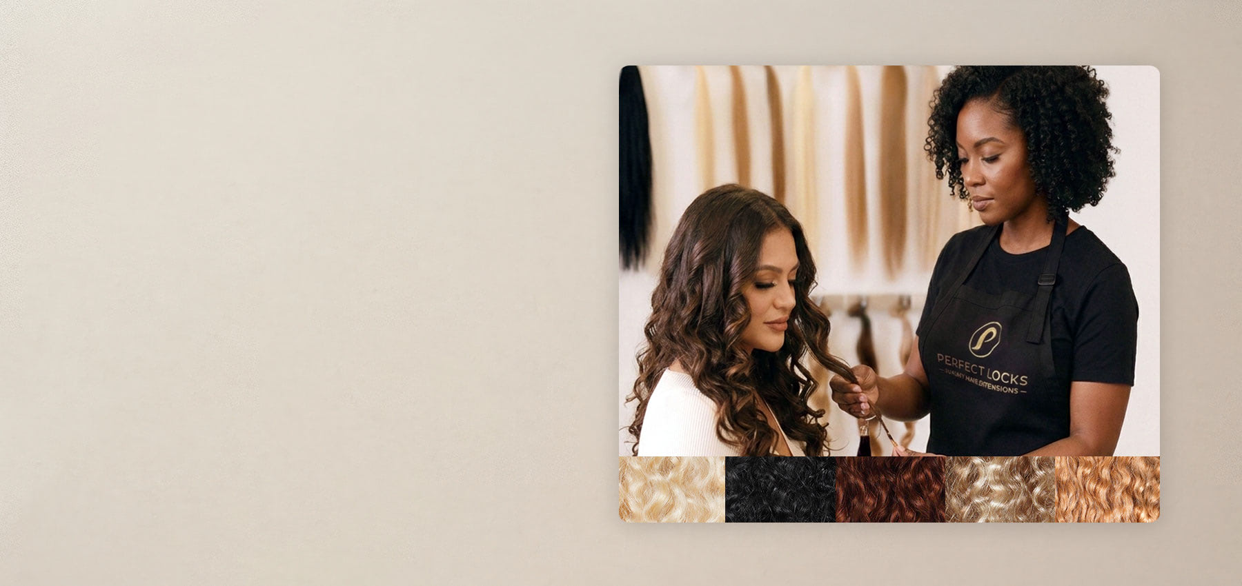 Perfect Locks hair consultant in branded apron holding a hair extension weft while consulting with a curly-haired client, with a wall of Remy hair extension wefts and a hair texture swatch strip visible