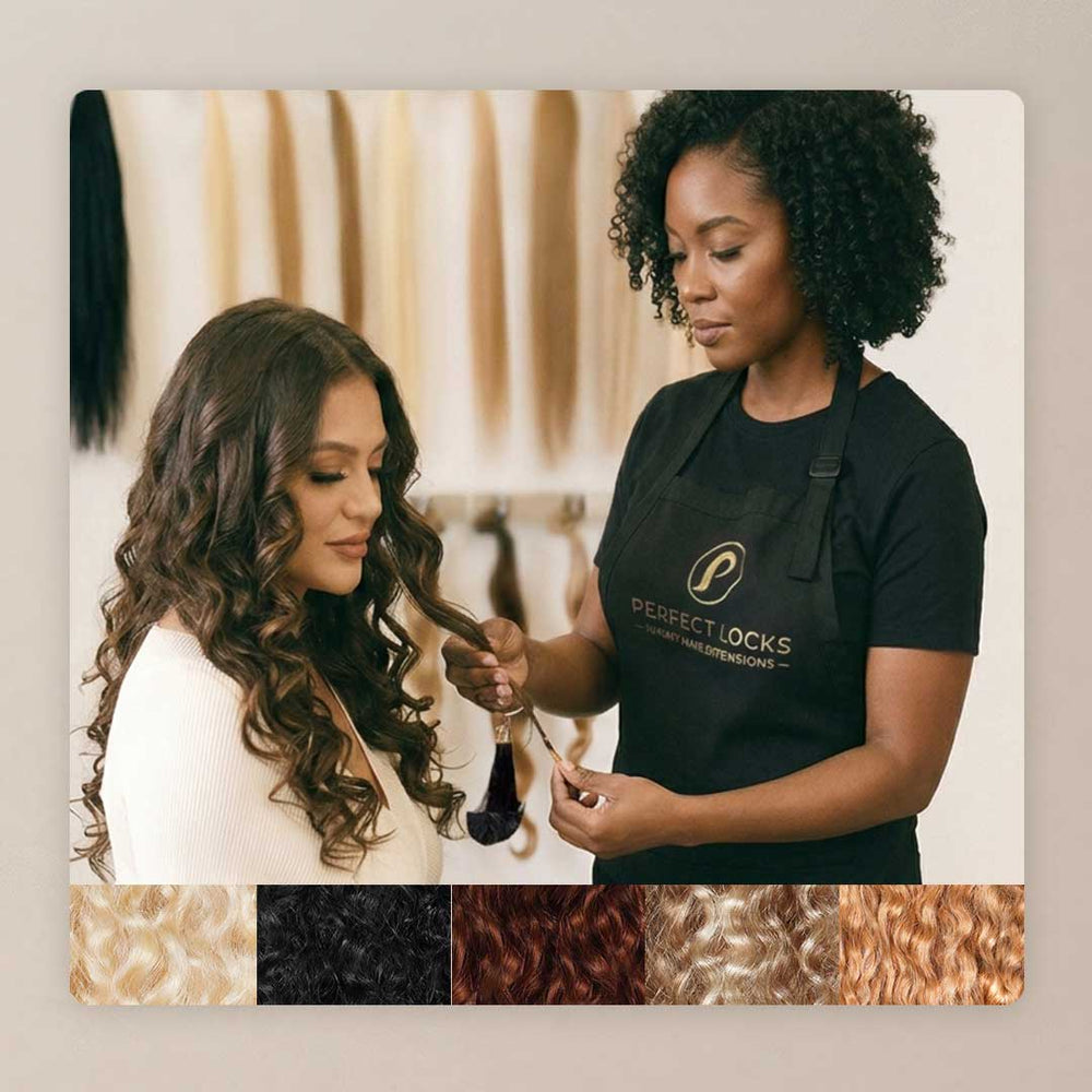 Perfect Locks hair consultant in branded apron holding a hair extension weft while consulting with a curly-haired client, with a wall of Remy hair extension wefts and a hair texture swatch strip visible
