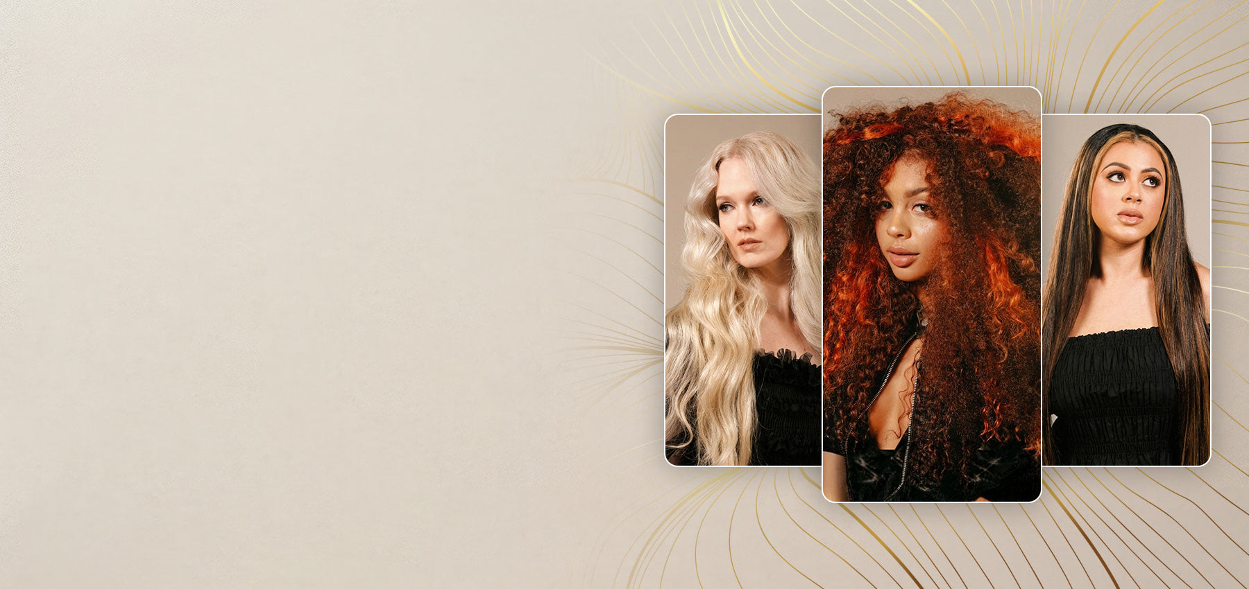Three women showcasing Perfect Locks hair extensions in different textures - long blonde wavy extensions, voluminous auburn curly extensions, and straight dark brunette extensions with highlights, against a gold decorative line art background
