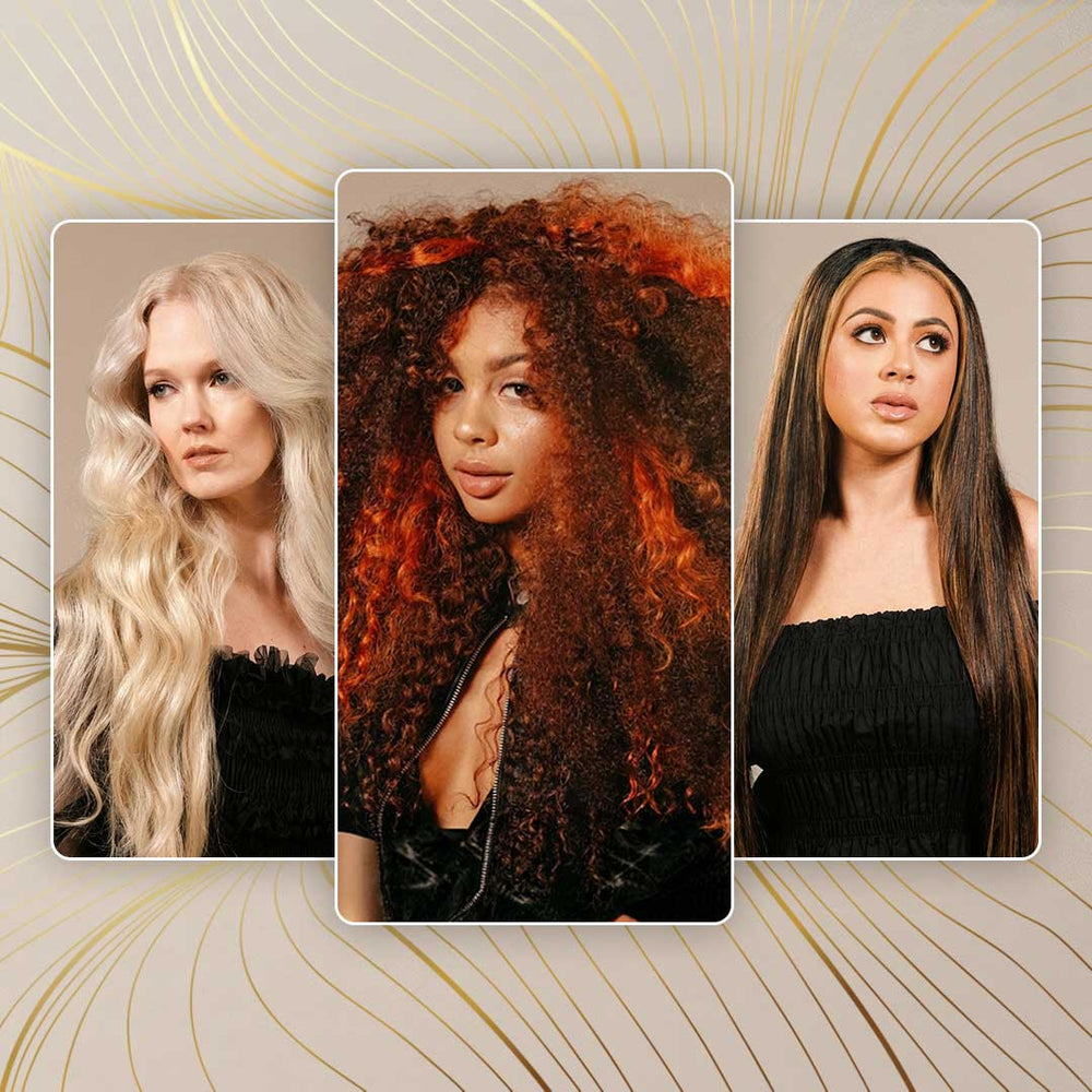 Three women showcasing Perfect Locks hair extensions in different textures - long blonde wavy extensions, voluminous auburn curly extensions, and straight dark brunette extensions with highlights, against a gold decorative line art background
