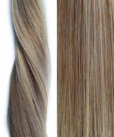 Close-up of blonde hair: left side shows a twisted section with black tape-in extensions, right side is smooth, emphasizing contrast.#color_champagne-highlights-(18A/60)