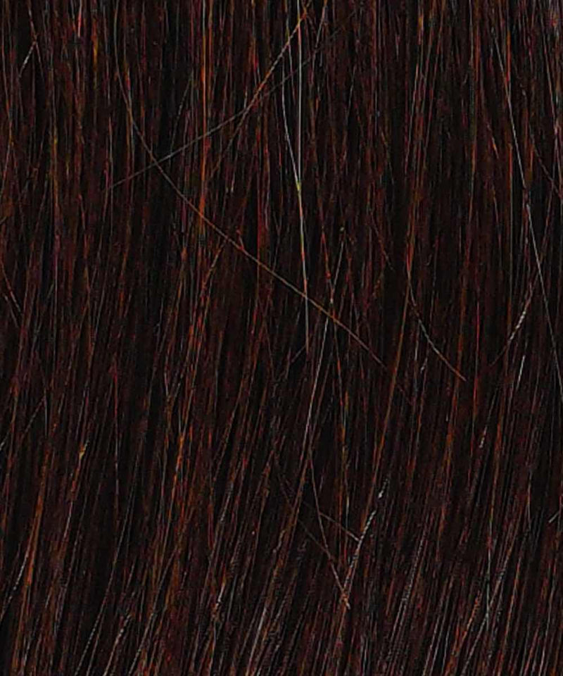 Close-up of Straight Invisi Tape In Hair Extensions by Perfect Locks in Dark Brown  with subtle reddish highlights, lighter strands, and the natural texture and shine of Remy hair.