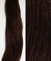 A side-by-side comparison of dark brown hair shows smooth, thick locks on the left and defined strands on the right - perfect for highlighting Perfect Locks Straight Invisi Tape In Hair Extensions.#color_dark-brown-(2)