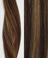 Close-up split shows medium brown hair; left has wavy Remy extensions, right zooms on straight Perfect Locks Invisi Tape Ins.#color_golden-ash-brown-(6W/8W)