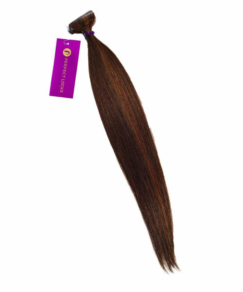 A long, straight Perfect Locks Straight Invisi Tape In Hair Extensions bundle in Golden Ash Brown (6W/8W) with a purple tag, set against a white background.