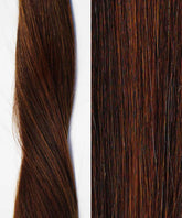 Close-up comparison of Rooted Caramel Blonde (3/12) hair: left, a twisted lock; right, flat strands—ideal for tape-in extensions.#color_highlighted-brown-auburn-(30/31/33)